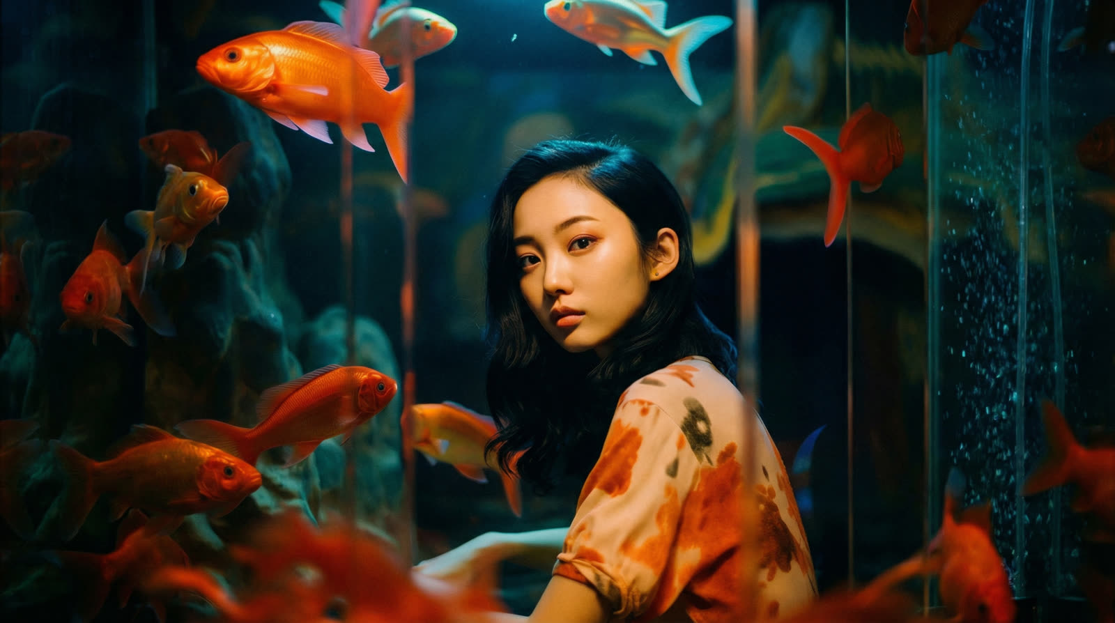 Aquaria · editorial portrait among goldfish tanks