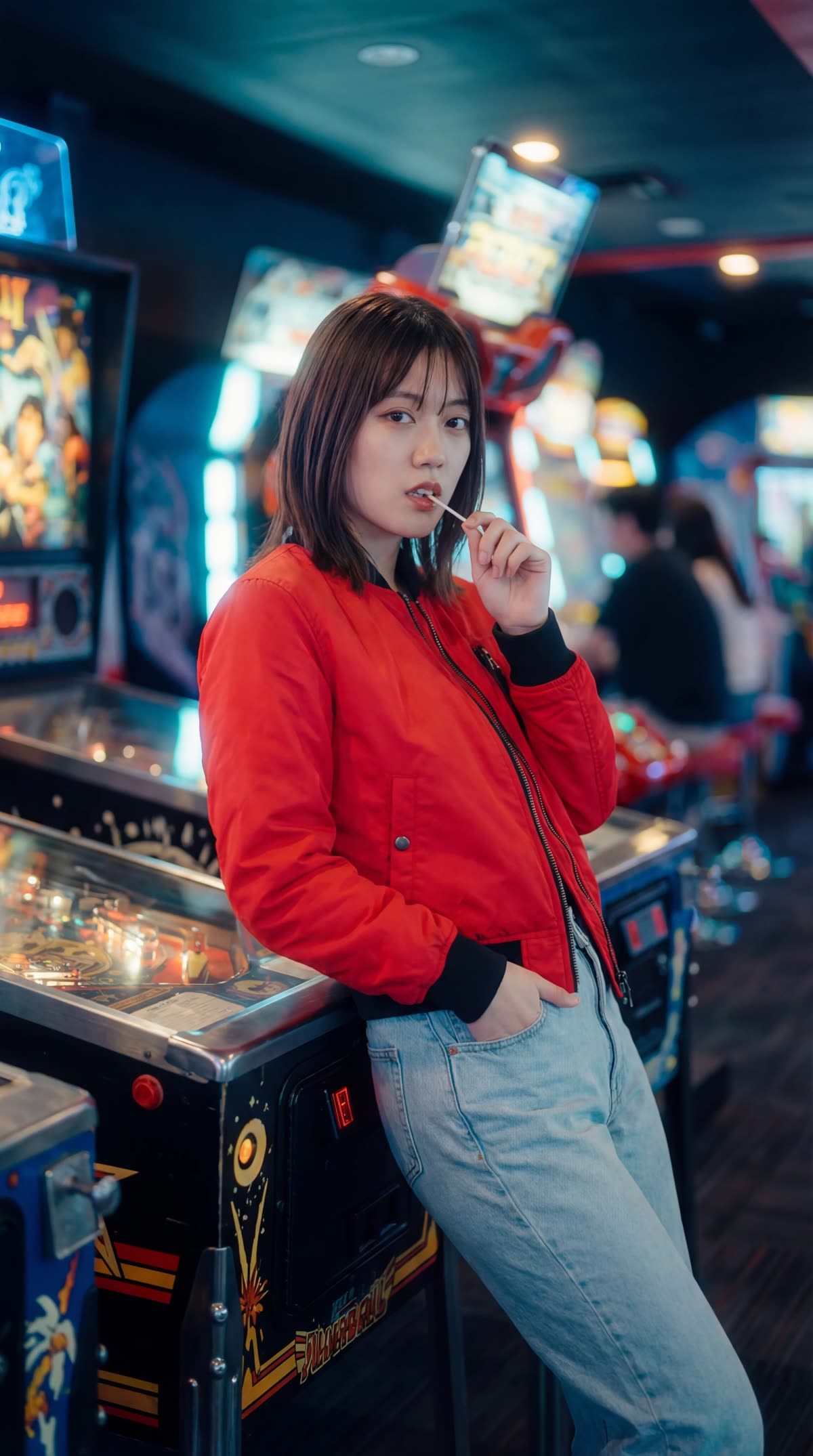 Arcade · red bomber jacket, pinball neon