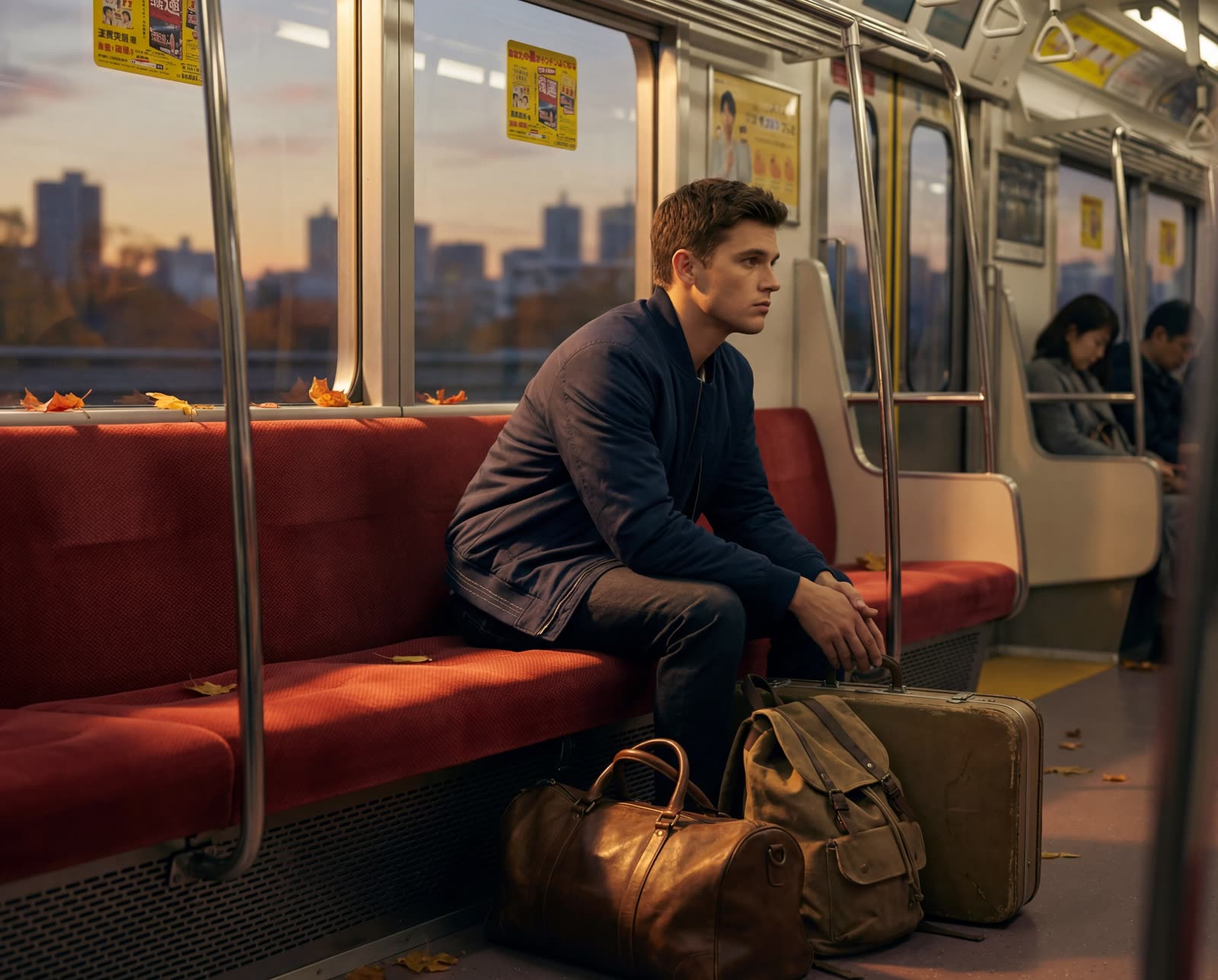 Midnight Rail · editorial shot of a man on a Tokyo metro bench at dusk
