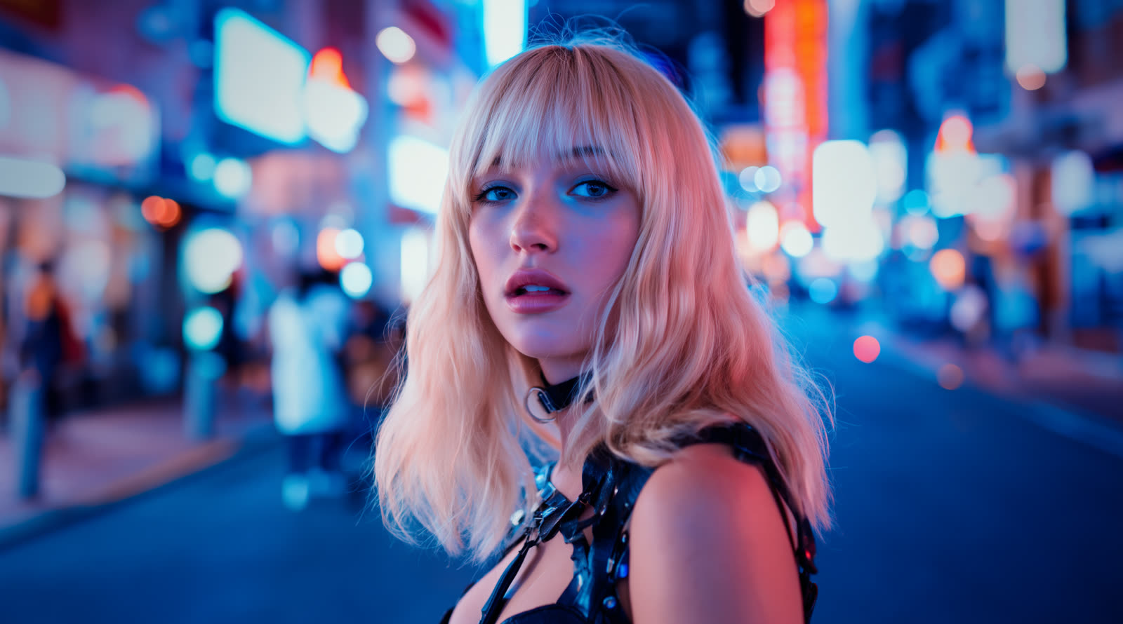 Neon · blonde woman with bangs in Tokyo neon street